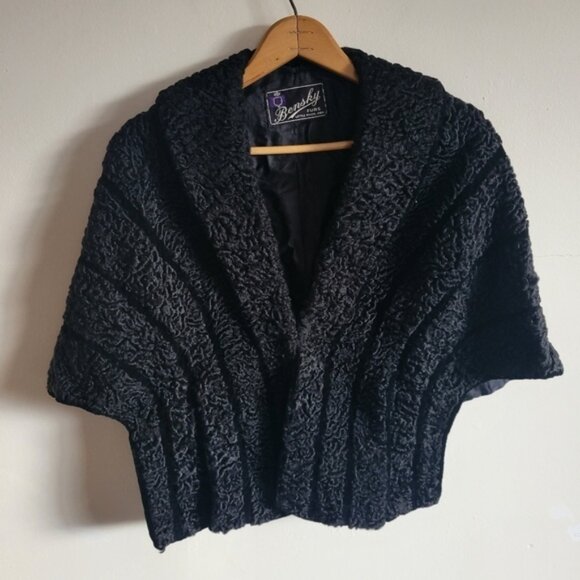 Vintage Bensky Furs Curly Wool Cape Pockets Black One Size - Picture 6 of 9